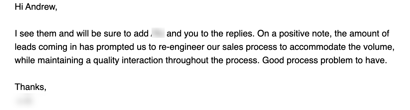 Client testimonial praising the volume of leads and quality interaction