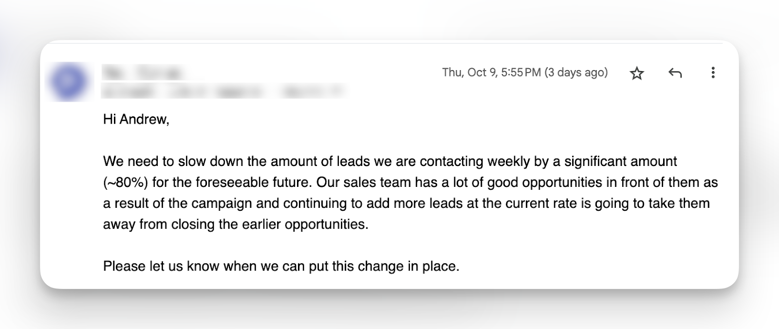 Client testimonial requesting to slow down leads by 80% due to overwhelming results